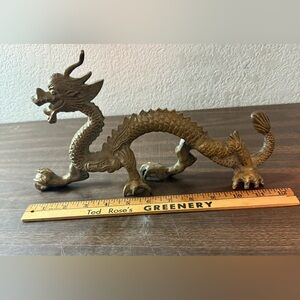 Vintage MCM Chinese Heavy Solid Brass Dragon Statue 12" Fantasy Decor Retro